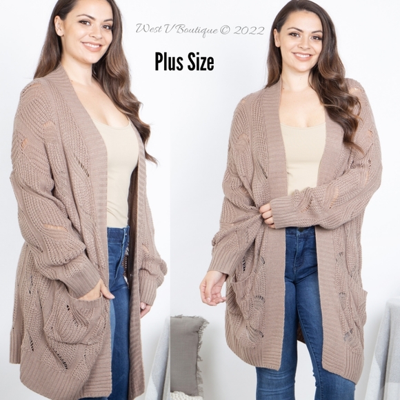 16) Last 1! Mocha Crochet Knit Plus Size Cardigan with Dual Pockets - Picture 3 of 3